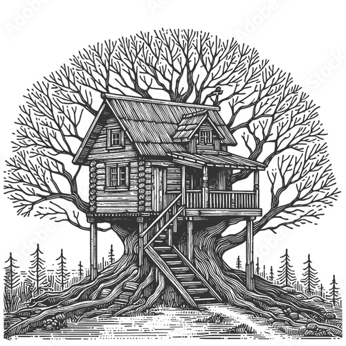 treehouse cabin nestled among bare trees in a serene forest environment sketch engraving generative ai vector illustration. Scratch board imitation. Black and white image.