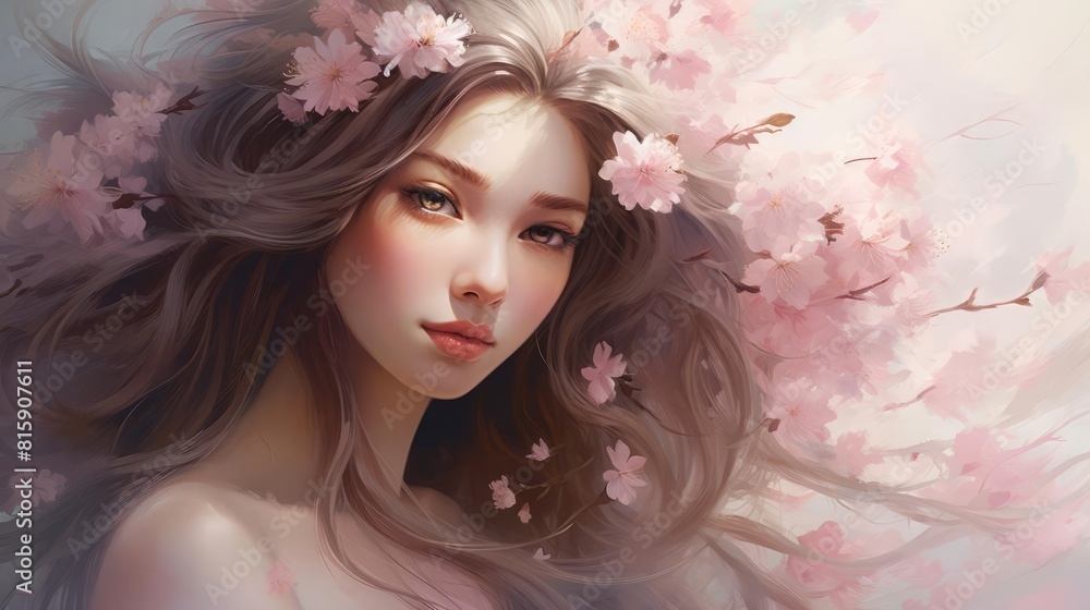 A portrait of a young woman with blooming cherry blossoms in her hair, with soft pink petals effects, in a delicate and serene style with gentle light and pastel colors, in the style of a hyper realis A portrait of a young woman with blooming cherry blossoms in her hair, with soft pink petals effects, in a delicate and serene style with gentle light and pastel colors, in the style of a hyper realis