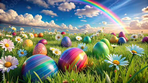 A colorful 3D portraying a joyful Easter morning scene with a rainbow, vibrant eggs, and daisies in a breezy meadow, creating a festive and cheerful atmosphere.