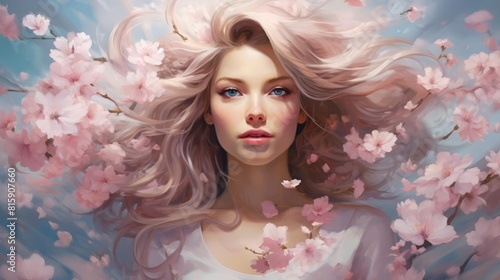 A portrait of a young woman with blooming cherry blossoms in her hair, with soft pink petals effects, in a delicate and serene style with gentle light and pastel colors, in the style of a hyper realis © Pakorn