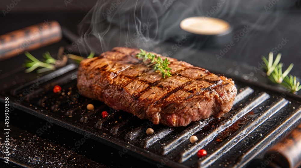 A sizzling steak on a grill, emitting delicious aroma and promising a flavorful dining experience. A sizzling steak on a grill, emitting delicious aroma and promising a flavorful dining experience.