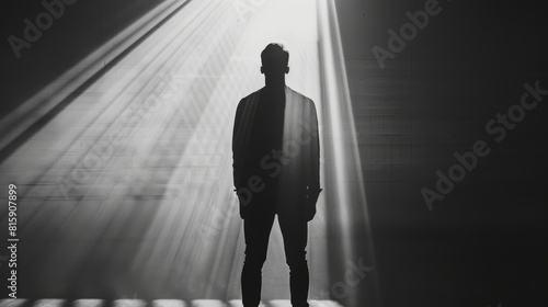 Dramatic man silhouette standing in bright light with striking shadow for contemplation and reflection