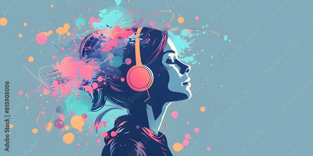 Fototapeta premium Vibrant Portrait of Woman Listening to Podcast on Consumer Psychology and Business Success