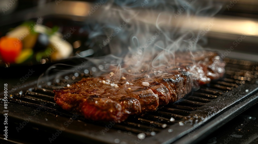 A sizzling steak on a grill, emitting delicious aroma and promising a flavorful dining experience. A sizzling steak on a grill, emitting delicious aroma and promising a flavorful dining experience.