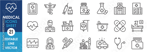 A set of line icons related to medical. Medicine, doctor, patient, heart, disease, ambulance, report, and so on. Outline icons set.