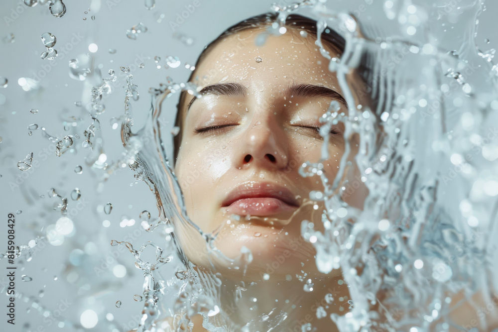 Close-up of a relaxed young woman's face splashed by water droplets, symbolizing freshness, purity, and skin hydration care Close-up of a relaxed young woman's face splashed by water droplets, symbolizing freshness, purity, and skin hydration care