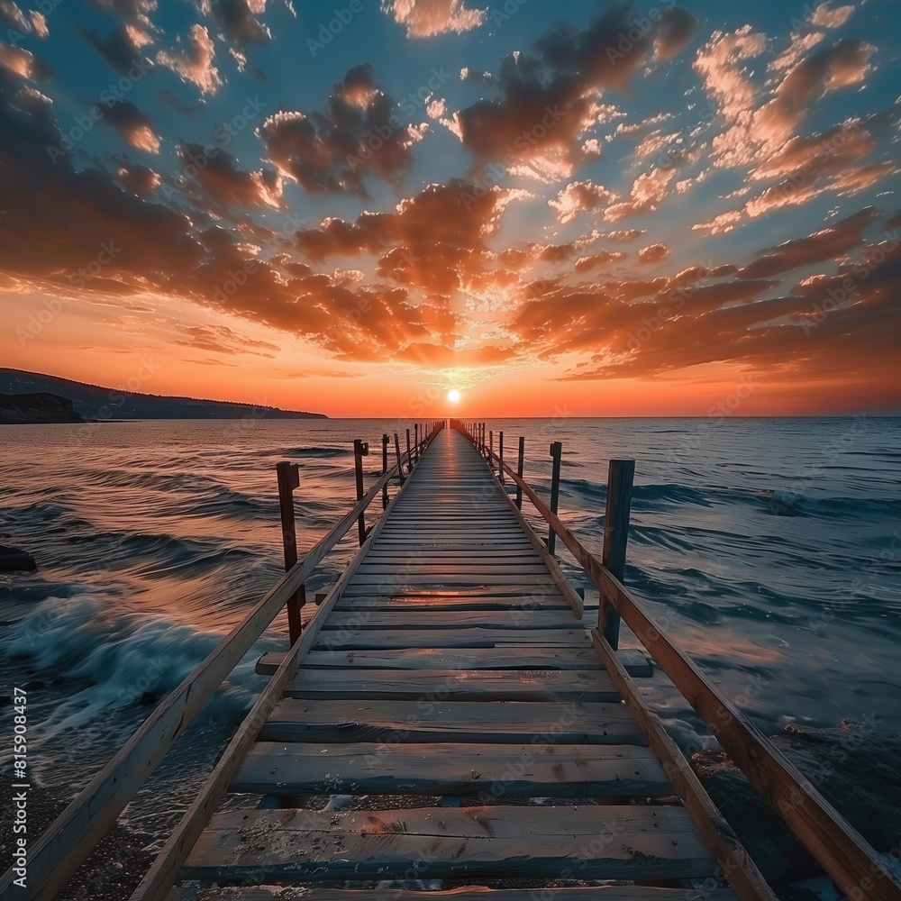 Wooden pier leading to sunset over the ocean