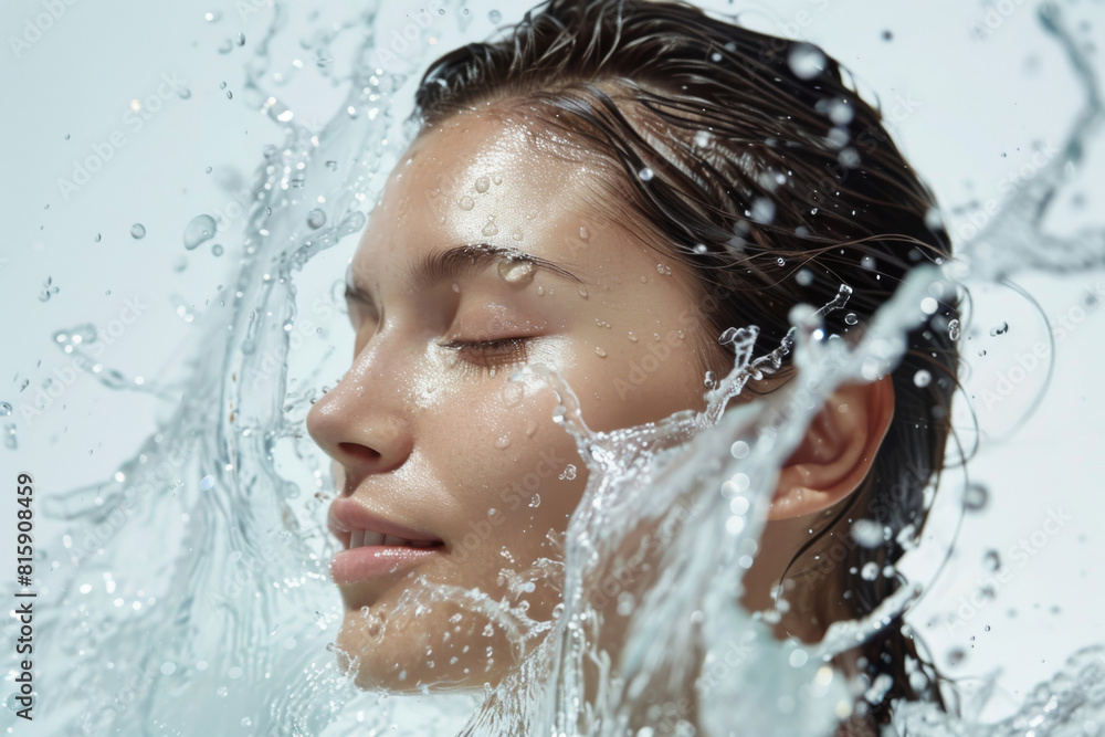 Close-up of a serene young woman with water splashing around her face, highlighting the concept of skin hydration and purity Close-up of a serene young woman with water splashing around her face, highlighting the concept of skin hydration and purity