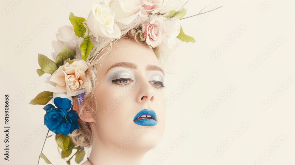 Portrait of a girl with blond hair, blue lipstick and flowers on her head
