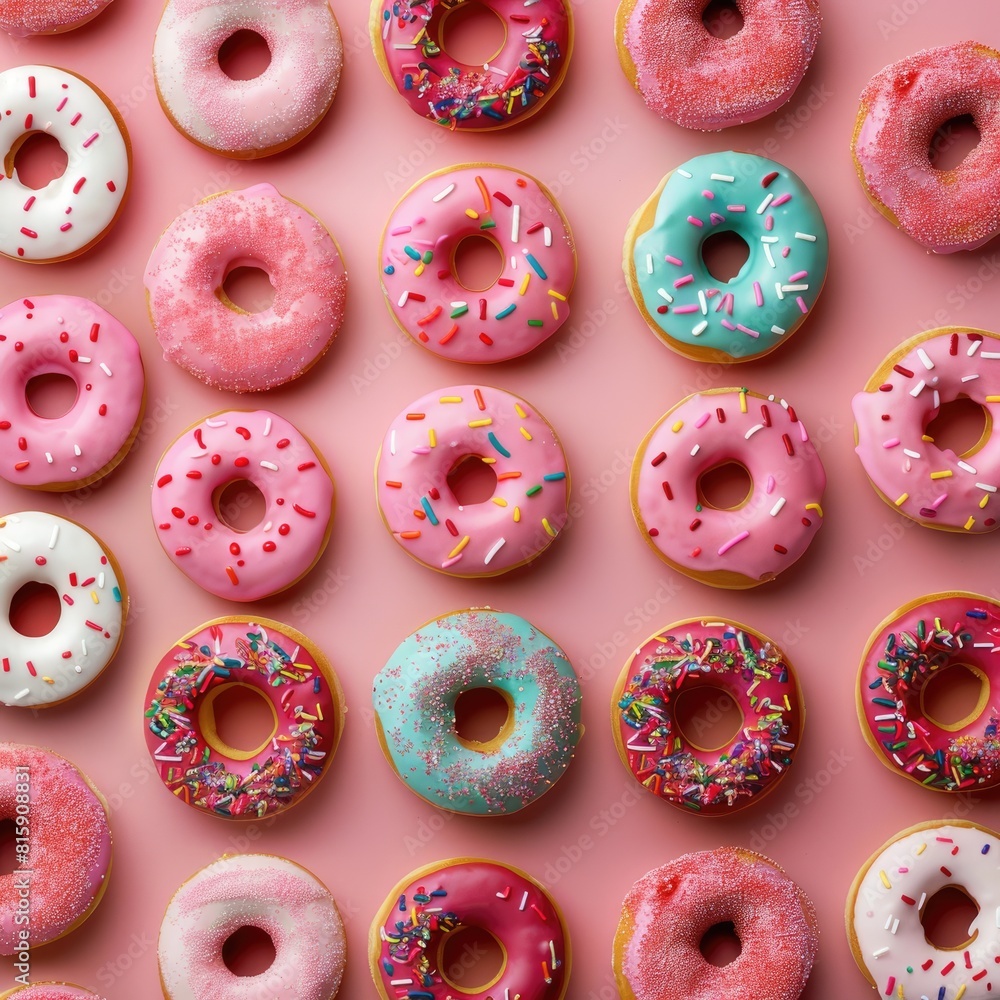 Round donuts with sprinkles, dessert in sweet pink glaze. Sweet dessert. Bright, juicy background. Round donuts with sprinkles, dessert in sweet pink glaze. Sweet dessert. Bright, juicy background.
