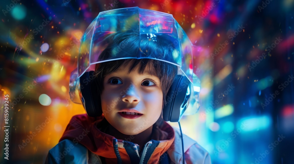 A portrait of a child with holographic screens floating around their head, with digital interface effects, in a modern and dynamic style with vivid colors and clear visuals, in the style of a hyper re A portrait of a child with holographic screens floating around their head, with digital interface effects, in a modern and dynamic style with vivid colors and clear visuals, in the style of a hyper re