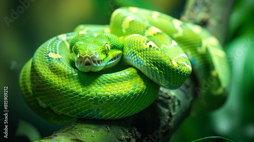 Green snake coiled on a green tree .