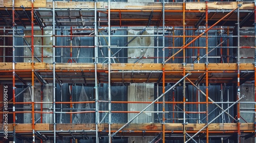 Detailed image of scaffolding at a building construction site, highlighting the robust framework and construction progress