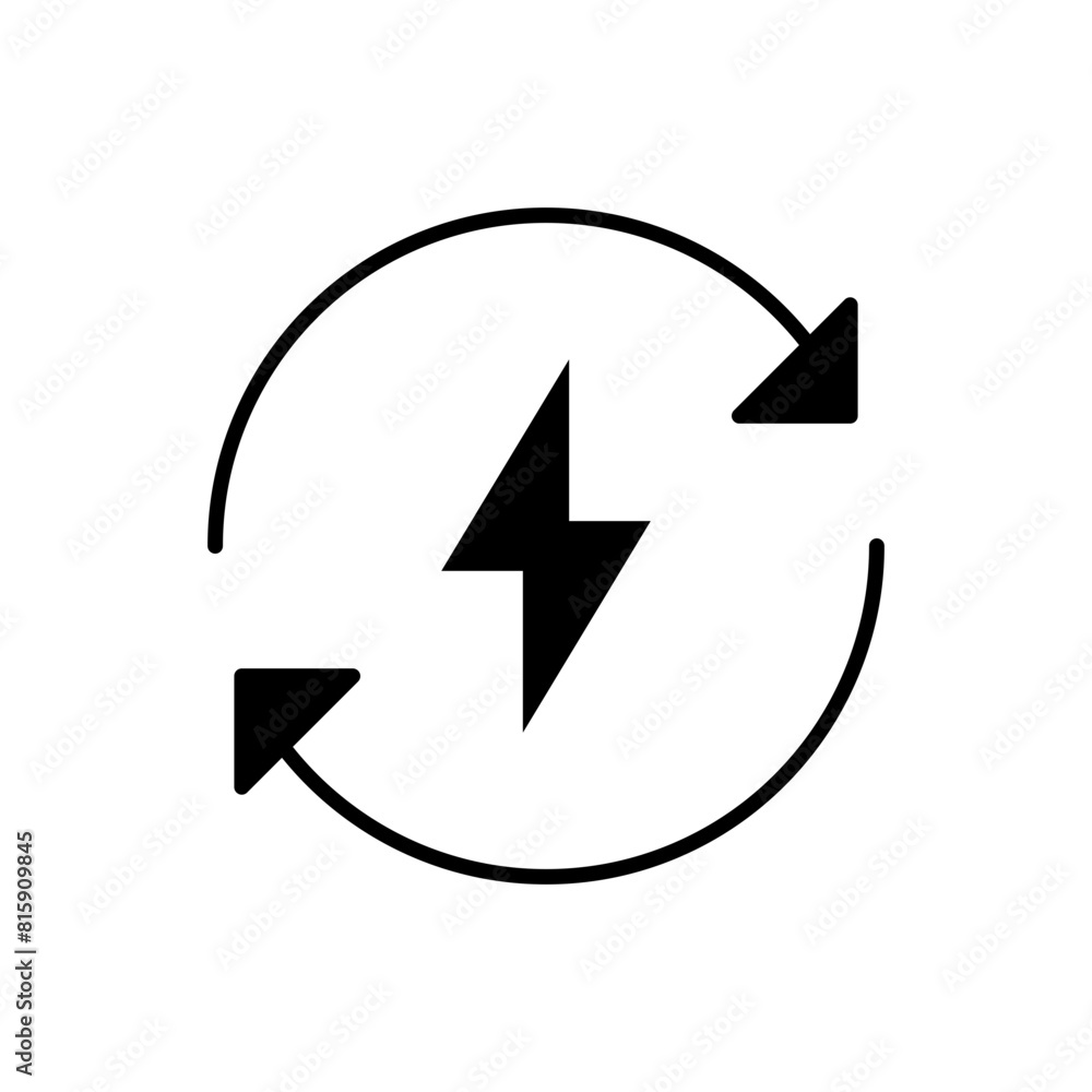 Lightning electric icon. Simple solid style. Bolt with recycling rotation arrow sign, circle, capacity, renewable energy concept. Silhouette, glyph symbol. Vector illustration isolated. Lightning electric icon. Simple solid style. Bolt with recycling rotation arrow sign, circle, capacity, renewable energy concept. Silhouette, glyph symbol. Vector illustration isolated.