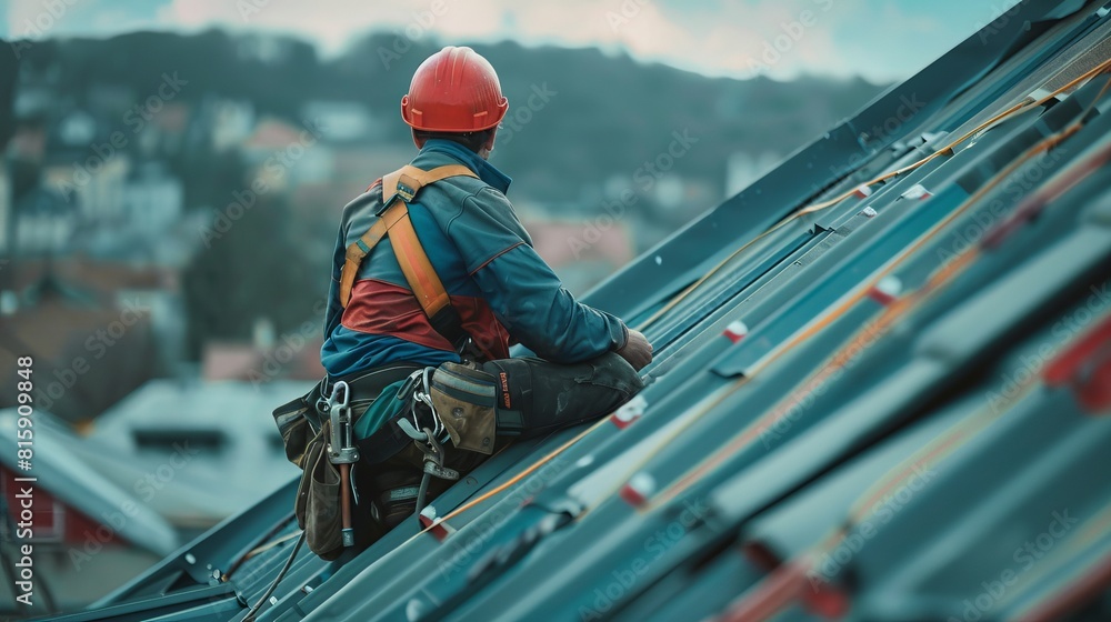 Detailed imagery of a construction worker on a roof, safety belt worn, focusing on the task, perfect for showcasing work safety Detailed imagery of a construction worker on a roof, safety belt worn, focusing on the task, perfect for showcasing work safety