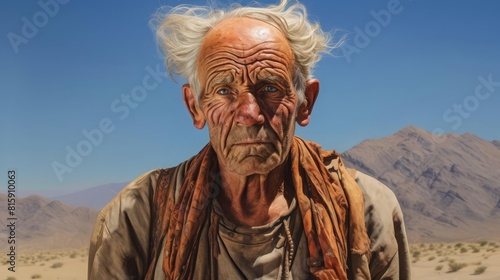 A portrait of an elderly man with desert sand patterns on his skin, with arid landscape effects, in a warm and rugged style with golden hues and detailed textures, in the style of a hyper realistic wi