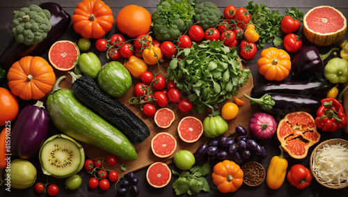 There is a variety of fruits and vegetables on a table. There are tomatoes  eggplants  grapes  lettuce  and other produce.