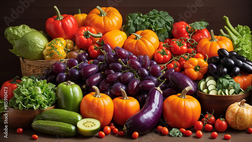 There is a variety of fruits and vegetables on a table. There are tomatoes  eggplants  grapes  lettuce  and other produce.