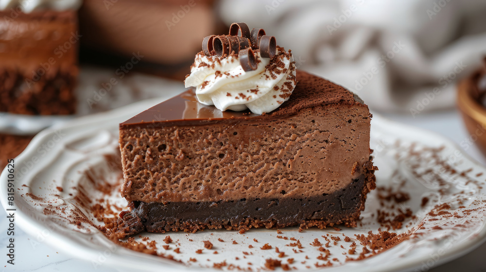 A slice of chocolate cake with whipped cream and chocolate curls on a plate. A slice of chocolate cake with whipped cream and chocolate curls on a plate.