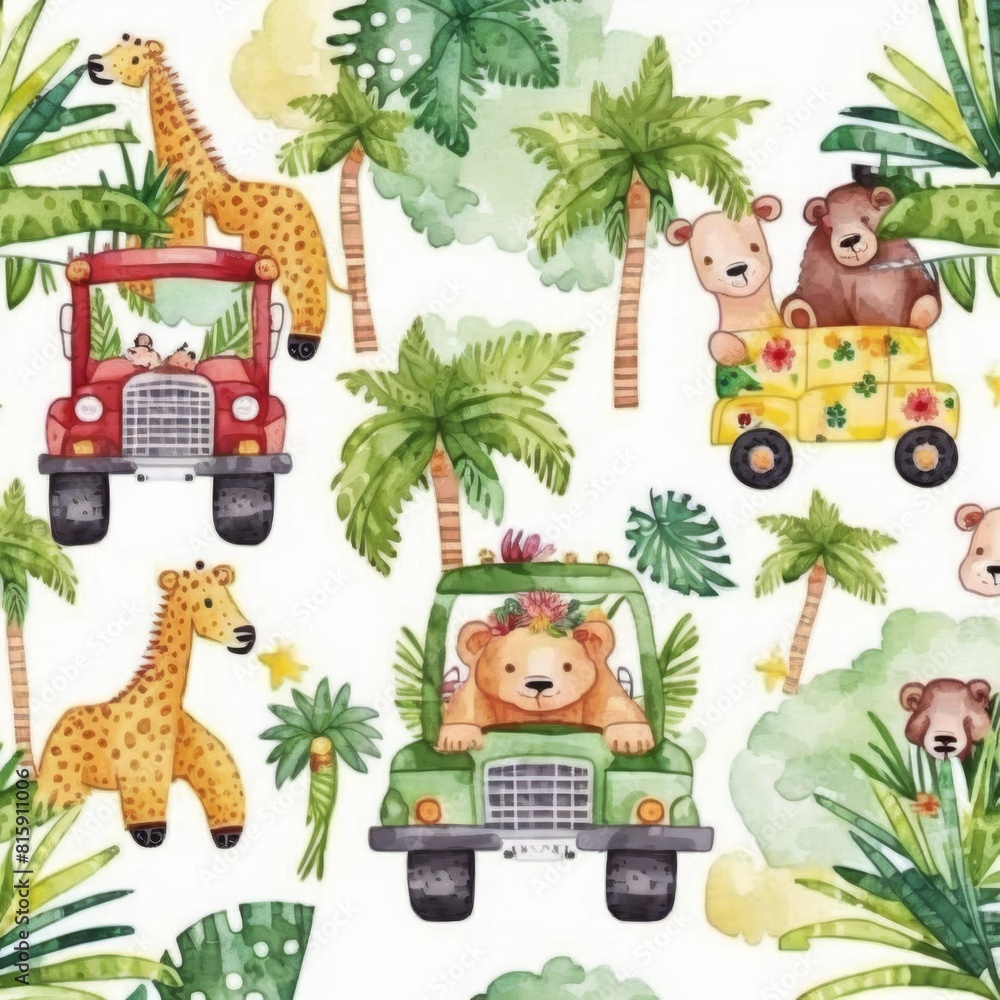 Obraz premium Watercolor illustration of a vibrant jungle scene with various animals and a jeep under lush palm trees