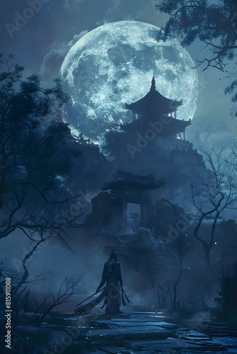 Lone Wuxia Hero Poised to Battle Amidst Derelict Moonlit Temple: An Online Novel Illustration