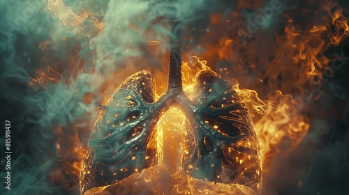 Detailed close-up image of lungs on fire  with thick smoke rising  a stark visual metaphor for the devastation of lung cancer