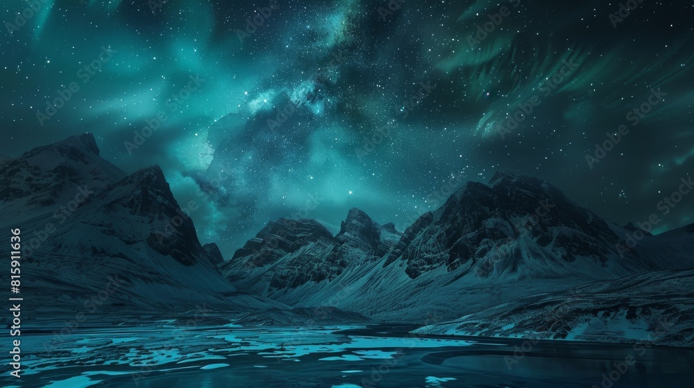 Fototapeta premium Beautiful mountains under the northern lights at night