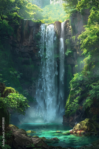 A spectacular waterfall plunging into an emerald pool below  surrounded by verdant foliage  moss-covered rocks  and misty spray  creating a mesmerizing tableau of natural beauty and aquatic splendor. 