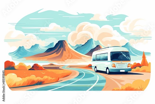 road trip flat design side view countryside theme water color Tetradic color scheme