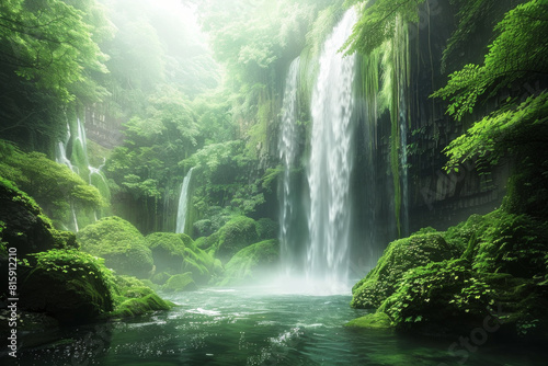 A spectacular waterfall plunging into an emerald pool below, surrounded by verdant foliage, moss-covered rocks, and misty spray, creating a mesmerizing tableau of natural beauty and aquatic splendor.  © grey