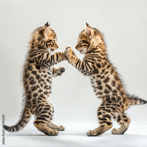 Two Bengals interacting, playful tussle, showcased on white photo