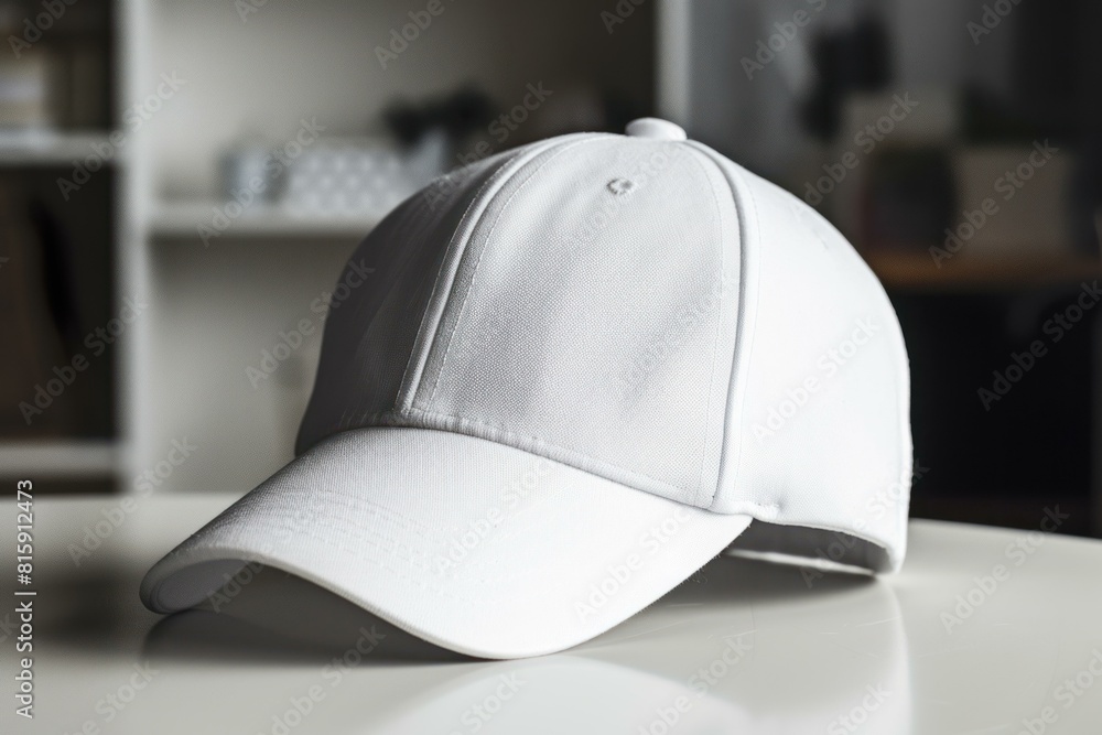 Clean, white baseball cap placed on a white table with a blurred background Clean, white baseball cap placed on a white table with a blurred background