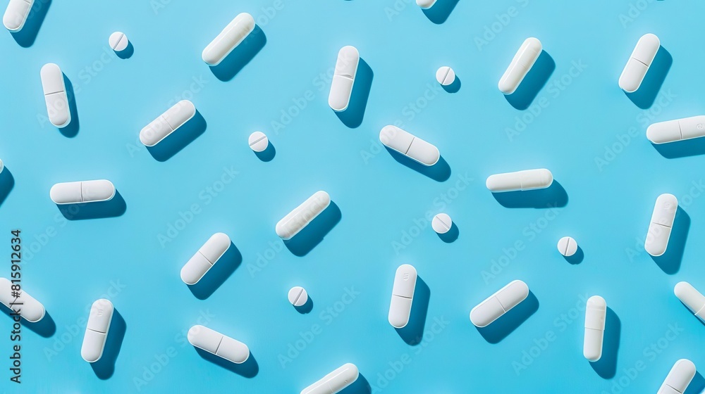 Scattered capsules and pills on a blue background Scattered capsules and pills on a blue background