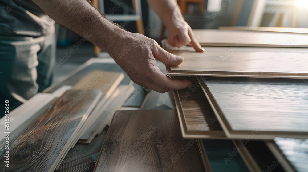 Obraz premium designer choosing flooring and furniture materials from samples for home interior design project : Generative AI