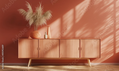 3d rendering, mid century modern sideboard in terracotta colour with vase and pampas grass on top, front view, warm background