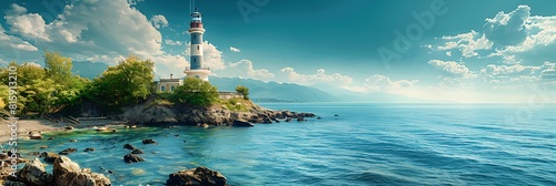 Lighthouse on the Black Sea in the city of Sochi in clear sunny weather, Lighthouse on the seashore in calm realistic nature and landscape photo
