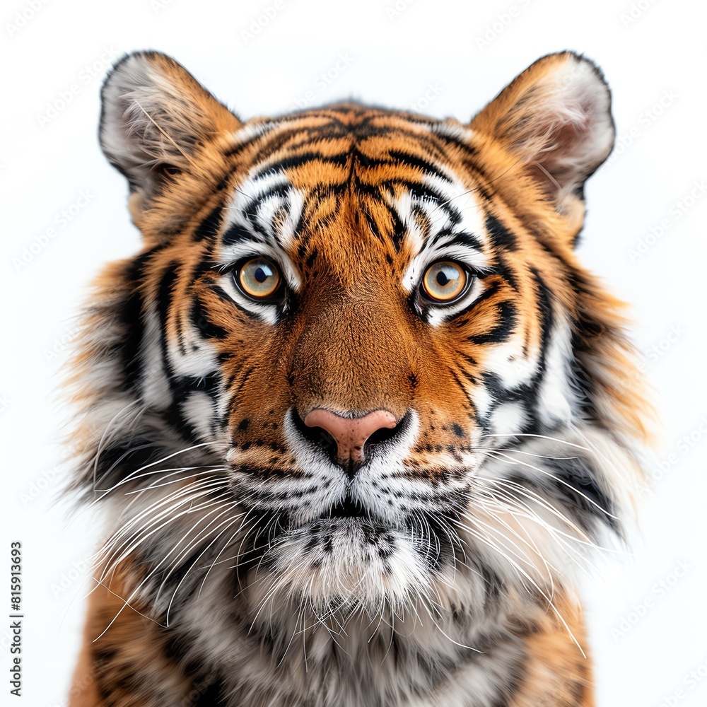 Naklejka premium Headshot of a Bengal, intense focus on the camera, commanding presence, white background