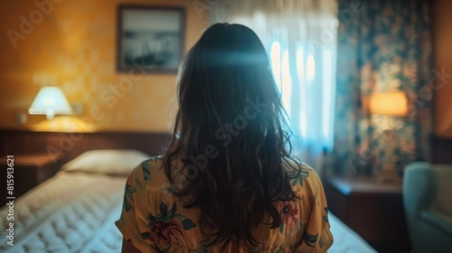 Young latin woman in a motel room from behind. 