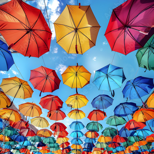 Opened umbrellas in the sky. Urban decoration. Bottom view. Colorful umbrellas background.