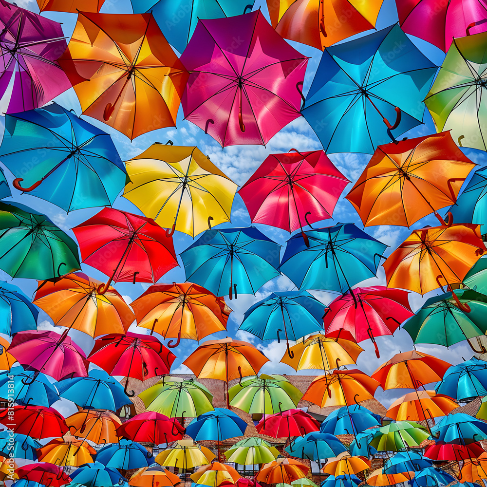 Obraz premium Opened umbrellas in the sky. Urban decoration. Bottom view. Colorful umbrellas background.