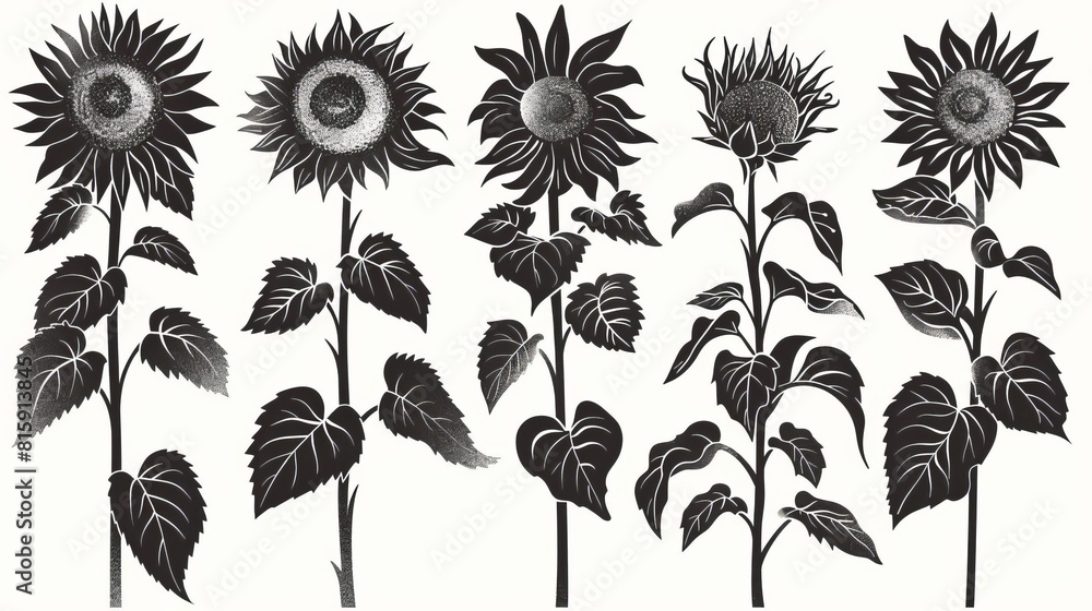 Set of sunflower illustrations in black silhouettes