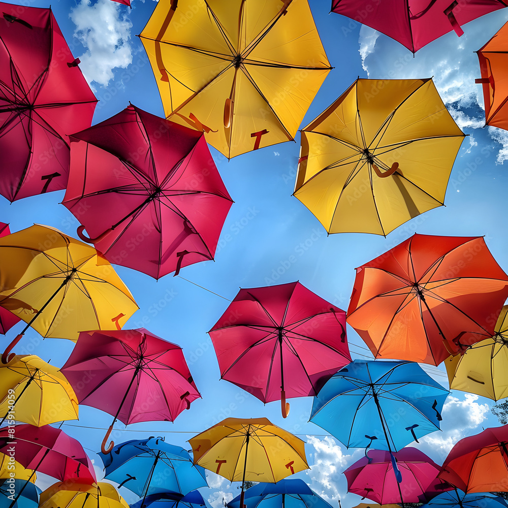 Opened umbrellas in the sky. Urban decoration. Bottom view. Colorful umbrellas background. Opened umbrellas in the sky. Urban decoration. Bottom view. Colorful umbrellas background.