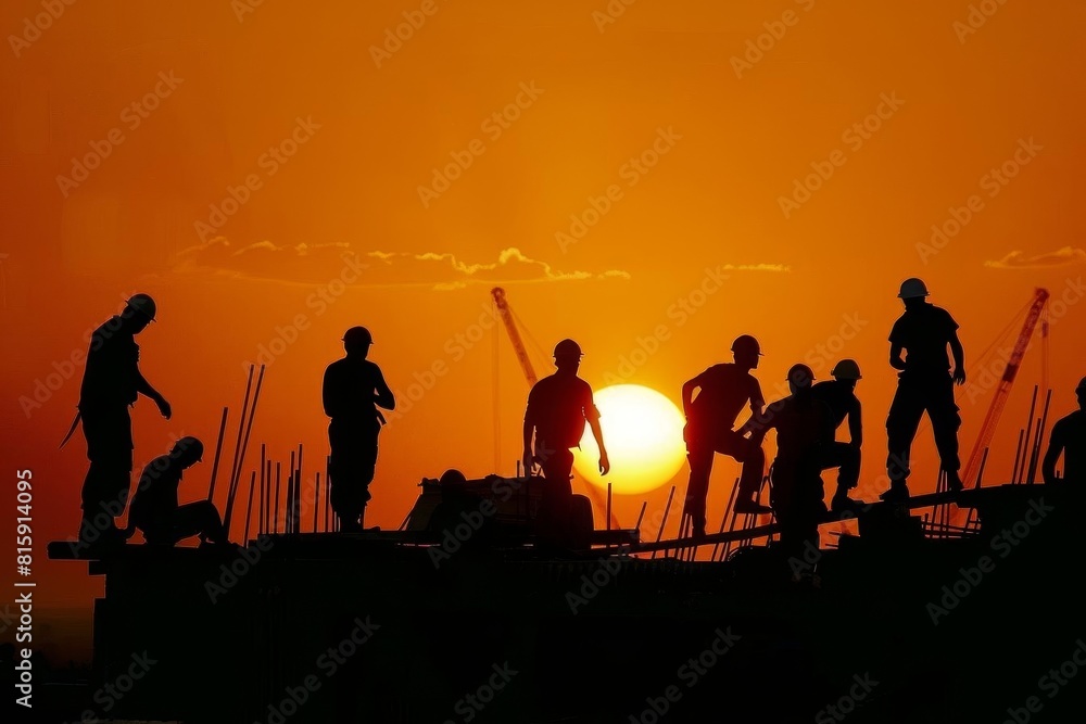 Fototapeta premium Silhouette of construction workers during sunset