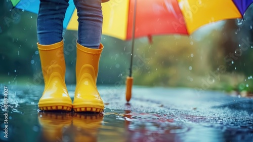 Child s feet in yellow rubber boots and colorful umbrella in the rain with a blurred background