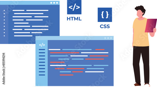 The guy is coding HTML and CSS.