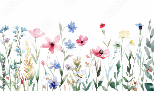 Watercolor wildflower border  pastel colors  simple design  white background  minimalistic  in the style of simple