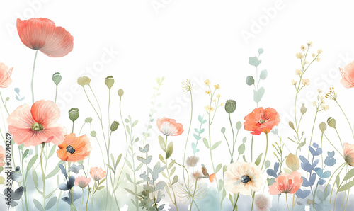 Watercolor wildflower border, pastel colors, simple design, white background, minimalistic, in the style of simple