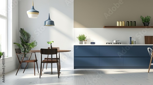 Bright Kitchen with Blue Cabinets and Large Window  Modern Style  Light-Filled Cooking Space  Ideal for Home Interiors