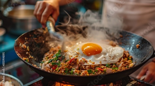 A Thai street vendor skillfully preparing a batch of crispy Pad Kra Pao Moo, stir-fried minced pork with holy basil, garlic, and chilies, served over steaming jasmine rice and topped with a fried egg.