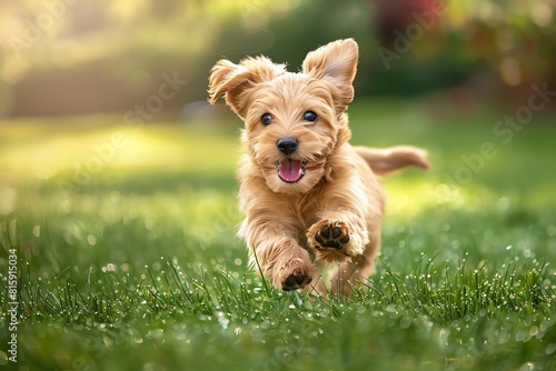 A playful puppy running through a grassy field with a joyful expression, capturing the charm and energy of pets